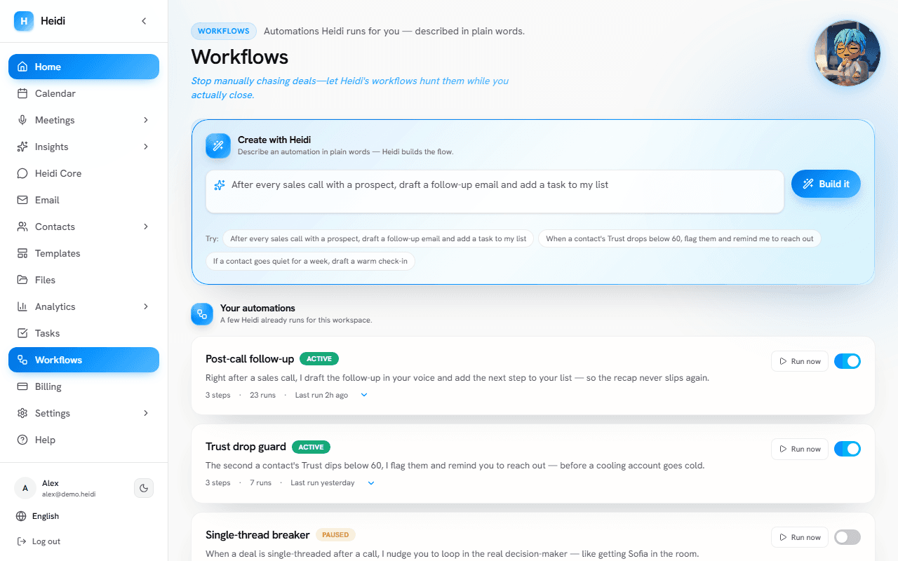 Heidi's Workflows screen: delegated jobs running on event triggers, with drafts and reports queued for approval