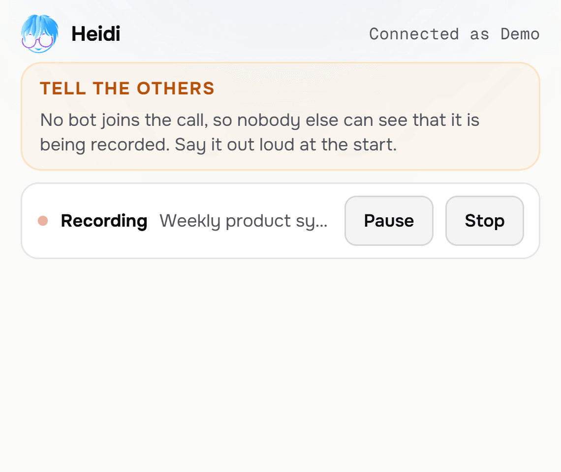 During the recording: status, meeting title, Pause and Stop, and the reminder to tell the others. The live copilot opens right below.