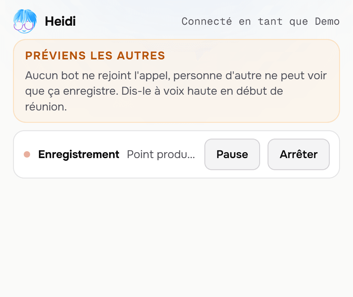 Pendant l'enregistrement : l'état, le titre de la réunion, Pause et Arrêter, et le rappel de prévenir les autres. Le copilote en direct s'ouvre juste en dessous.