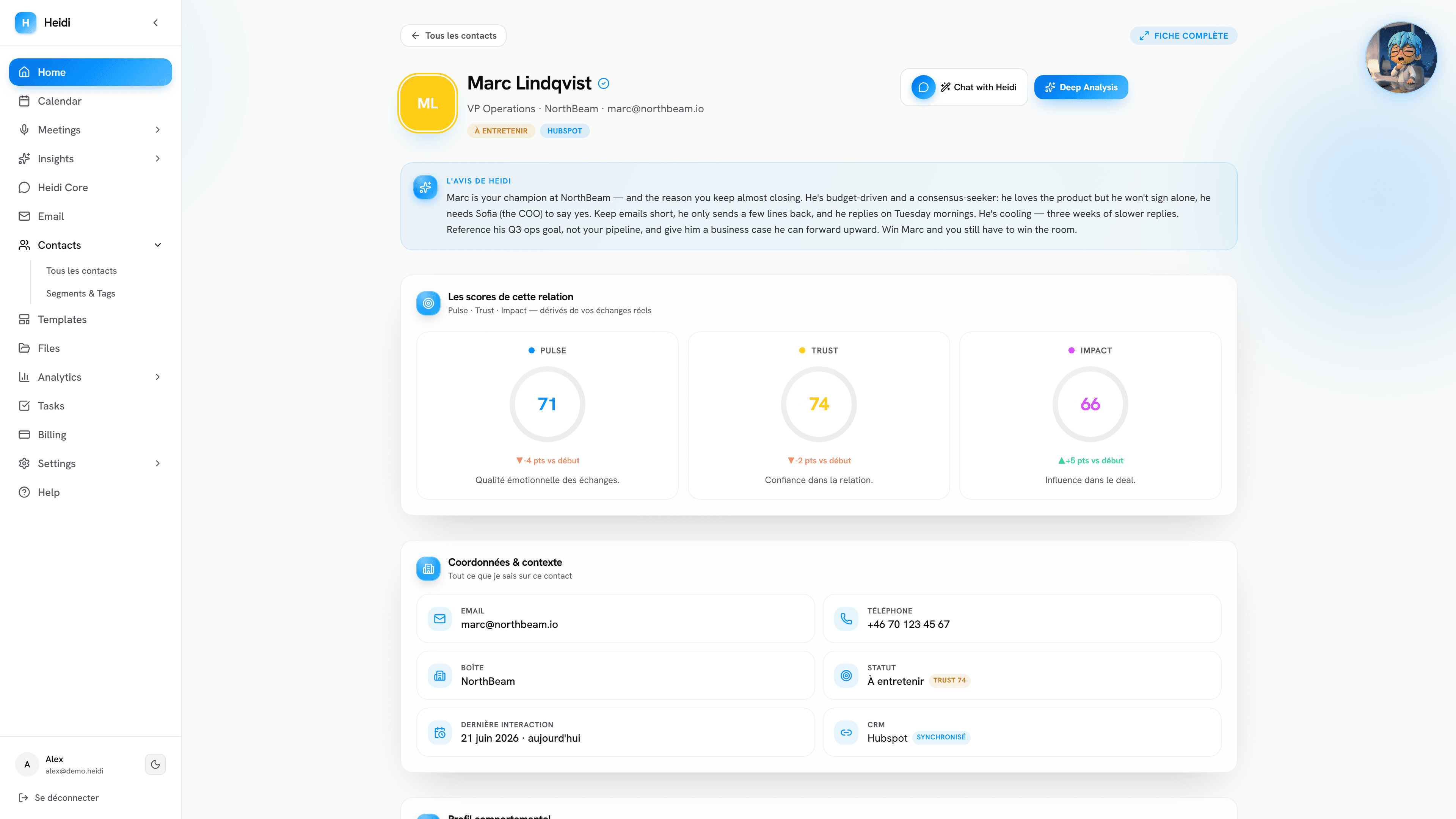 Marc Lindqvist's Contact IQ (VP Operations · NorthBeam), scores Pulse 71, Trust 74 cooling, Impact 66, and Heidi's take: a champion who can't sign, he needs Sofia.